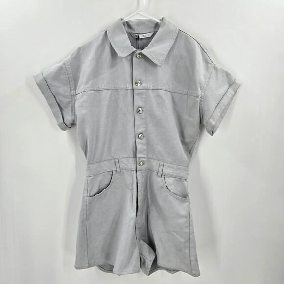 NWT Zara Collared Denim Metallic Blue/Silver Romper Size M - Picture 1 of 14